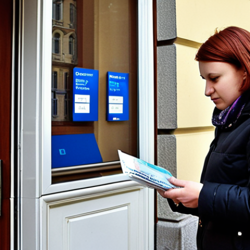 Home 21 **
A person stands in front of a traditional Czech bank branch (e.g., Česká spořitelna or Komerční banka), holding a passport and rental agreement. The scene should convey a sense of setting up a new life in the Czech Republic. Focus on the bank's exterior and the individual's determined but slightly overwhelmed expression.
**