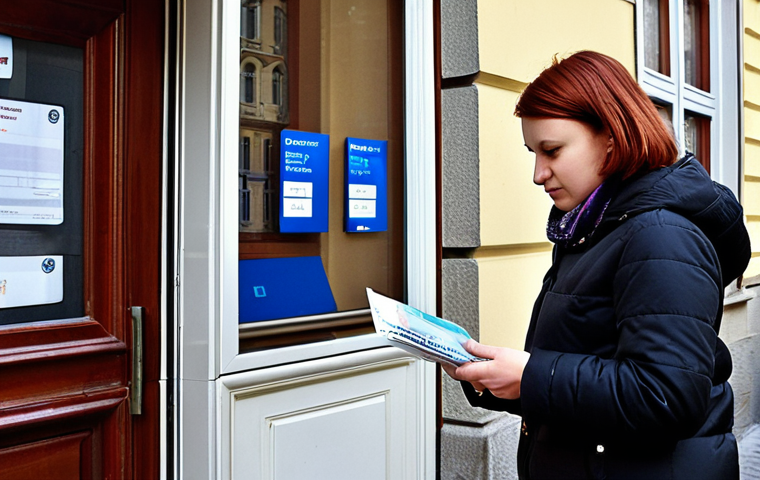 **

A person stands in front of a traditional Czech bank branch (e.g., Česká spořitelna or Komerční banka), holding a passport and rental agreement. The scene should convey a sense of setting up a new life in the Czech Republic. Focus on the bank's exterior and the individual's determined but slightly overwhelmed expression.

**
