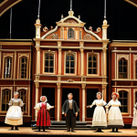 A captivating performance of traditional Czech wooden marionettes on a historic theater stage. The meticulously crafted puppets, dressed in elaborate, modest historical costumes, are suspended by fine strings, performing a graceful, emotive scene. The stage features a painted backdrop depicting a classic European village or castle, bathed in warm, theatrical lighting. Focus on the fluid, lifelike movements of the puppets, conveying rich emotion through their poses. safe for work, appropriate content, fully clothed, family-friendly, perfect anatomy, correct proportions, natural pose, well-formed figures, natural body proportions, professional photography, high quality.