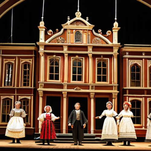 Home 20 A captivating performance of traditional Czech wooden marionettes on a historic theater stage. The meticulously crafted puppets, dressed in elaborate, modest historical costumes, are suspended by fine strings, performing a graceful, emotive scene. The stage features a painted backdrop depicting a classic European village or castle, bathed in warm, theatrical lighting. Focus on the fluid, lifelike movements of the puppets, conveying rich emotion through their poses. safe for work, appropriate content, fully clothed, family-friendly, perfect anatomy, correct proportions, natural pose, well-formed figures, natural body proportions, professional photography, high quality.
