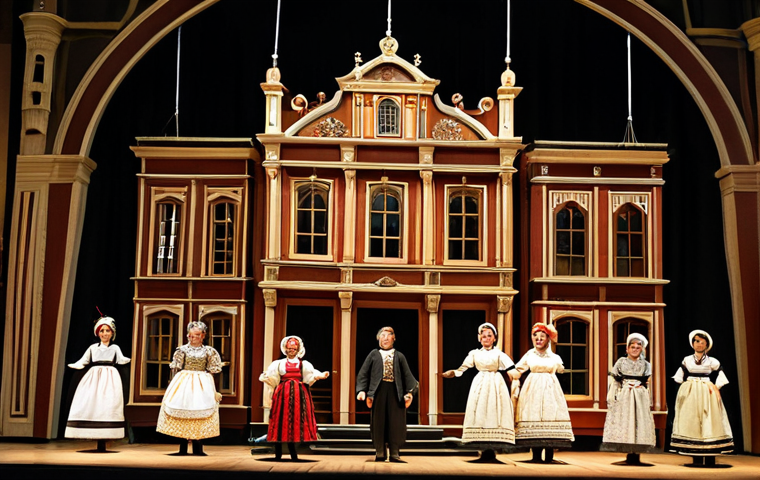 A captivating performance of traditional Czech wooden marionettes on a historic theater stage. The meticulously crafted puppets, dressed in elaborate, modest historical costumes, are suspended by fine strings, performing a graceful, emotive scene. The stage features a painted backdrop depicting a classic European village or castle, bathed in warm, theatrical lighting. Focus on the fluid, lifelike movements of the puppets, conveying rich emotion through their poses. safe for work, appropriate content, fully clothed, family-friendly, perfect anatomy, correct proportions, natural pose, well-formed figures, natural body proportions, professional photography, high quality.