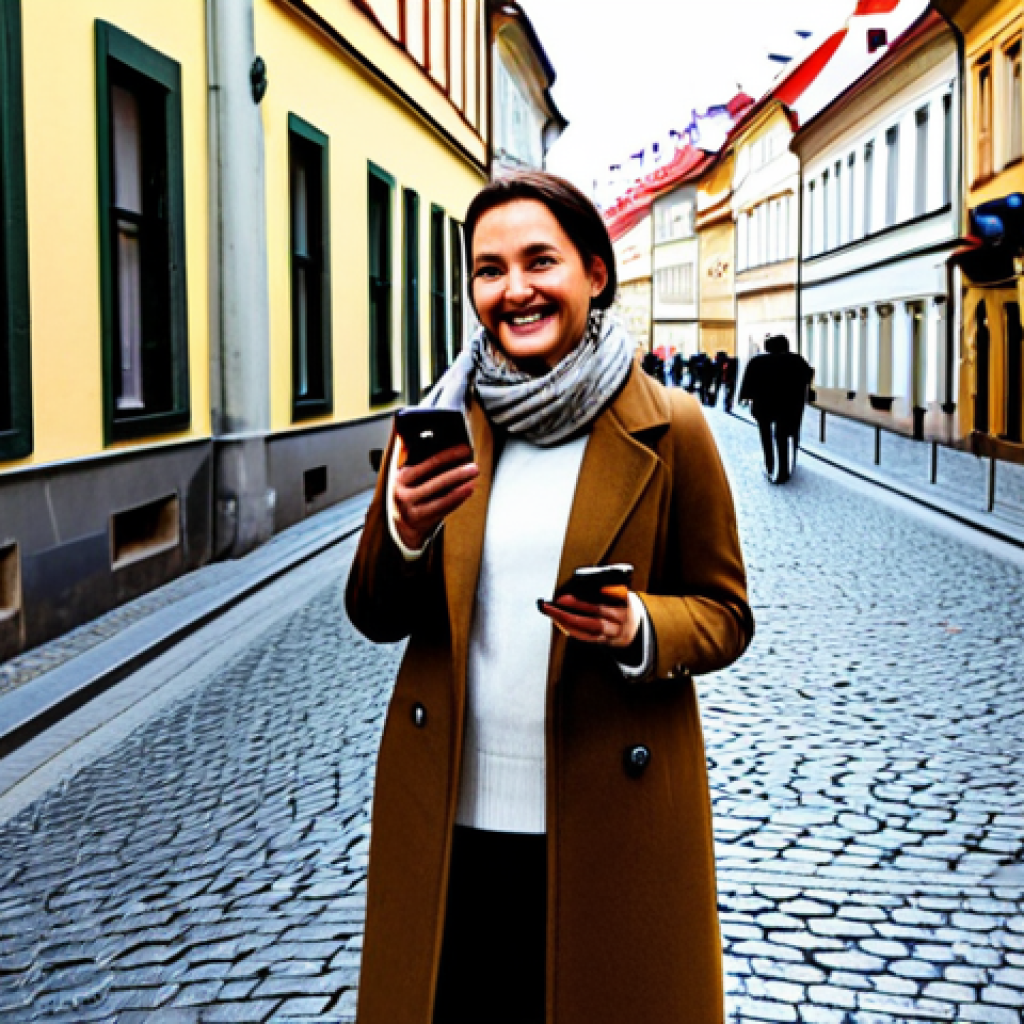 Woman using a local SIM in Prague**

A professional-looking woman, fully clothed in a stylish, modest coat and scarf, standing in front of a picturesque Prague street scene. She is smiling and holding her smartphone, seemingly after successfully installing a local SIM card. In the background, there's a Vodafone store. The overall feeling is one of connection and ease of communication. Safe for work, appropriate content, fully clothed, professional, perfect anatomy, natural proportions, high quality.

**