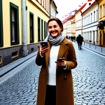 Woman using a local SIM in Prague**

A professional-looking woman, fully clothed in a stylish, modest coat and scarf, standing in front of a picturesque Prague street scene. She is smiling and holding her smartphone, seemingly after successfully installing a local SIM card. In the background, there's a Vodafone store. The overall feeling is one of connection and ease of communication. Safe for work, appropriate content, fully clothed, professional, perfect anatomy, natural proportions, high quality.

**
