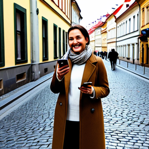 Home 9 Woman using a local SIM in Prague**
A professional-looking woman, fully clothed in a stylish, modest coat and scarf, standing in front of a picturesque Prague street scene. She is smiling and holding her smartphone, seemingly after successfully installing a local SIM card. In the background, there's a Vodafone store. The overall feeling is one of connection and ease of communication. Safe for work, appropriate content, fully clothed, professional, perfect anatomy, natural proportions, high quality.
**