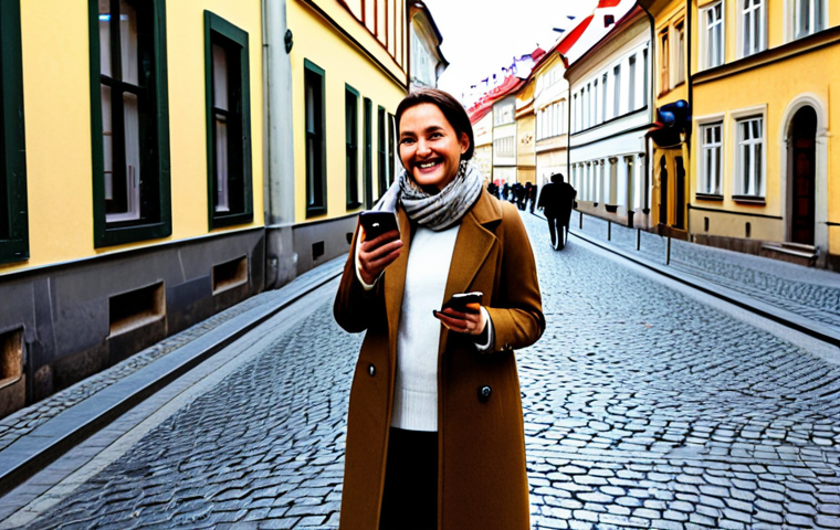 Woman using a local SIM in Prague**

A professional-looking woman, fully clothed in a stylish, modest coat and scarf, standing in front of a picturesque Prague street scene. She is smiling and holding her smartphone, seemingly after successfully installing a local SIM card. In the background, there's a Vodafone store. The overall feeling is one of connection and ease of communication. Safe for work, appropriate content, fully clothed, professional, perfect anatomy, natural proportions, high quality.

**