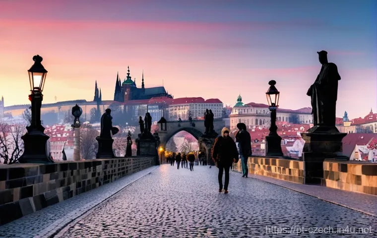 체코의 주요 테러 사건 - **Prompt:** A wide, cinematic shot of Prague's Charles Bridge at dawn, enveloped in a soft, ethereal...