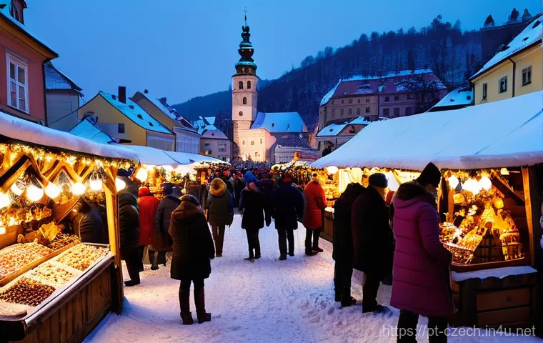 체코의 성탄 마켓 - **Prompt:** A vibrant and bustling gastronomic scene at a Czech Christmas market, centered around a ...