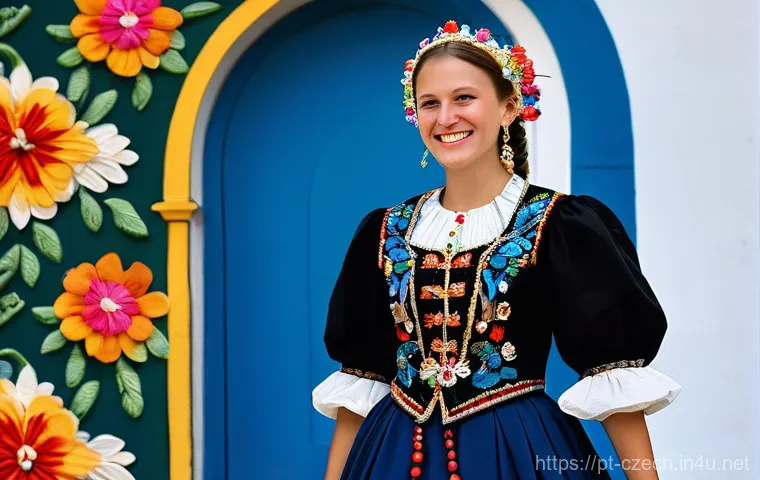 체코 전통 의상 - **Prompt: Moravian Woman in Traditional Kroj at a Festival**
"A vibrant, full-body portrait of a...