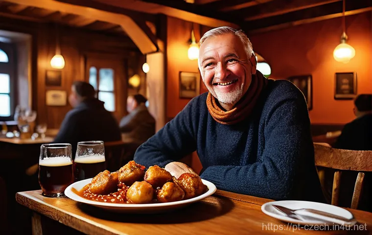 체코의 전통 요리 - A Cozy Czech Winter Feast**
A warm, inviting scene inside a traditional Czech "hospoda" (pub) during...