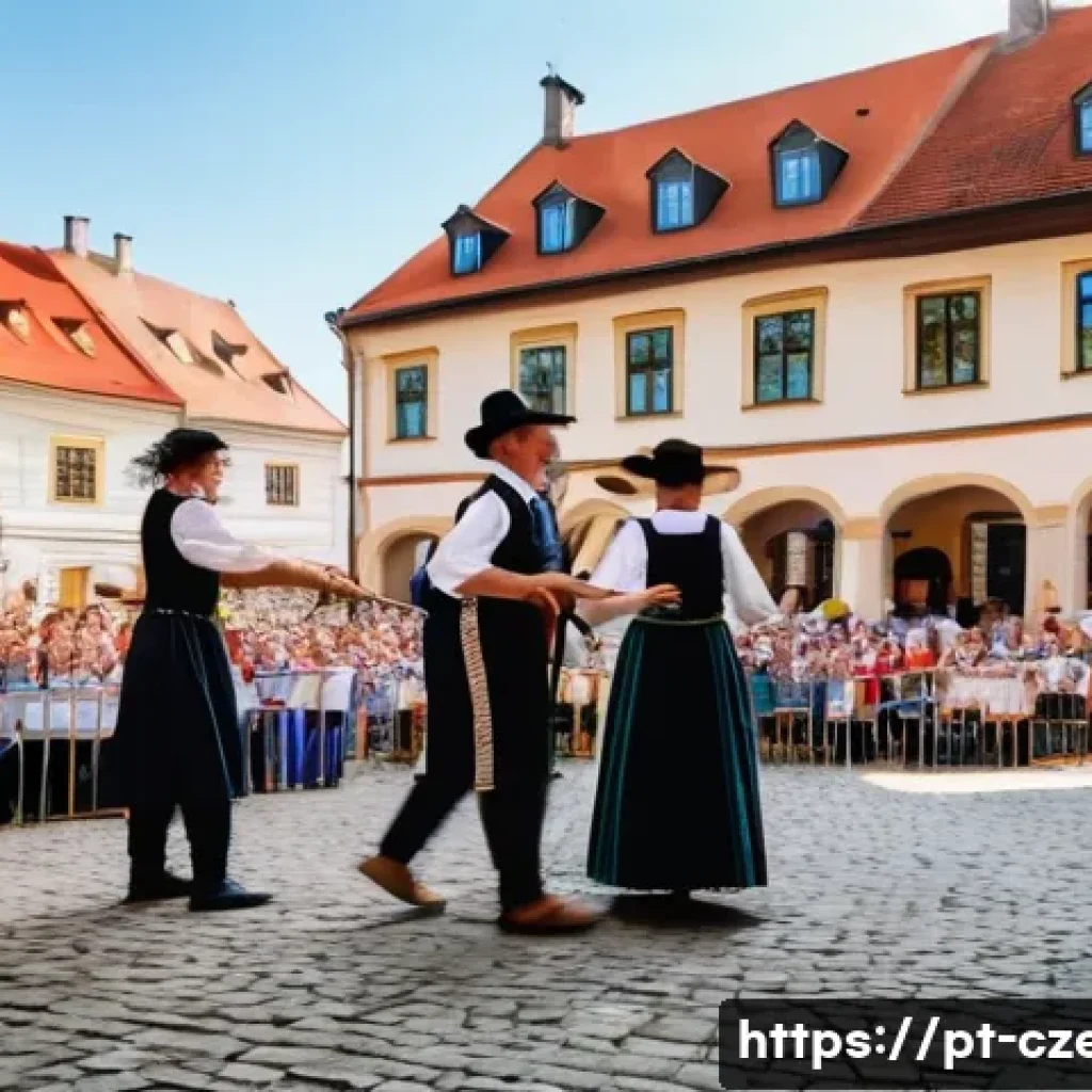 체코 전통 춤과 음악 - A vibrant, wide-angle shot of a traditional Czech folk festival taking place in a charming village s...