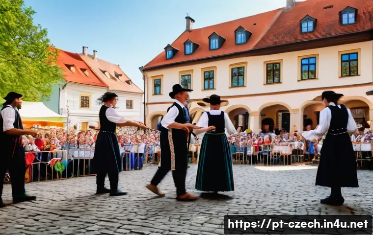 체코 전통 춤과 음악 - A vibrant, wide-angle shot of a traditional Czech folk festival taking place in a charming village s...