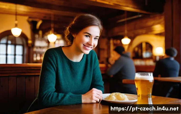 체코와 오스트리아의 문화 차이 - **Prompt: "A cozy and inviting scene from a traditional pub in Prague, Czech Republic.** A female tr...