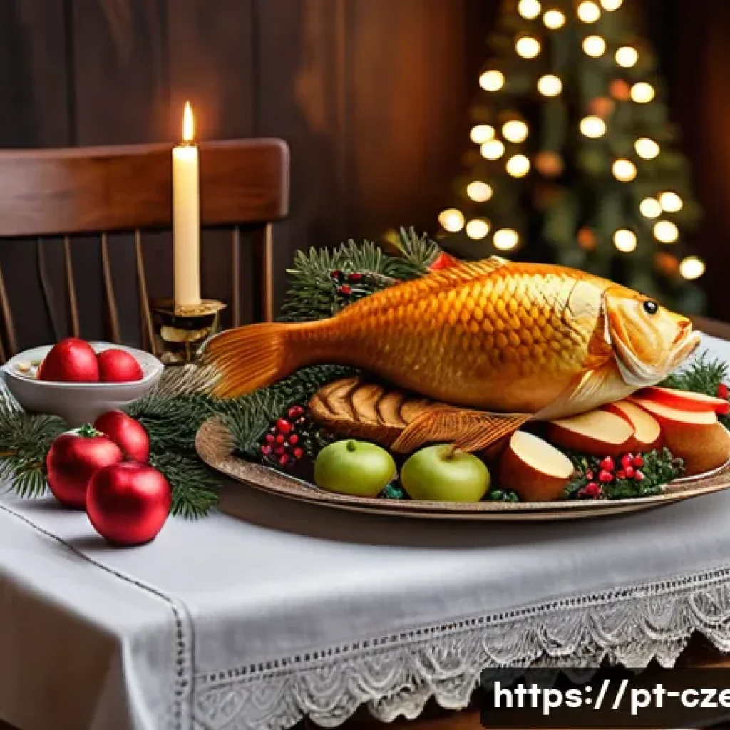 체코 크리스마스 전통 - A beautifully set Czech Christmas dinner table indoors, featuring a pristine white tablecloth symbol...