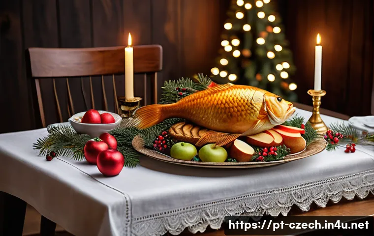 체코 크리스마스 전통 - A beautifully set Czech Christmas dinner table indoors, featuring a pristine white tablecloth symbol...