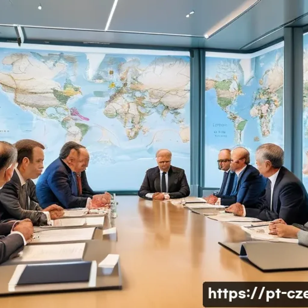 체코와 국제 관계 - A detailed scene depicting a diplomatic meeting room in Prague, featuring Czech and neighboring coun...