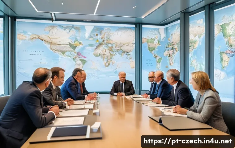 체코와 국제 관계 - A detailed scene depicting a diplomatic meeting room in Prague, featuring Czech and neighboring coun...