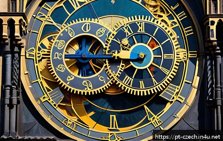 프라하 천문시계의 역사 - A highly detailed close-up of the Prague Astronomical Clock’s intricate mechanical gears and cogs, s...
