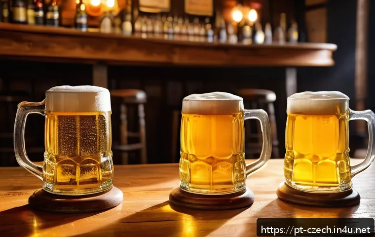 체코의 맥주 문화 - A rustic Czech pub interior with wooden tables and vintage décor, featuring traditional thick glass ...