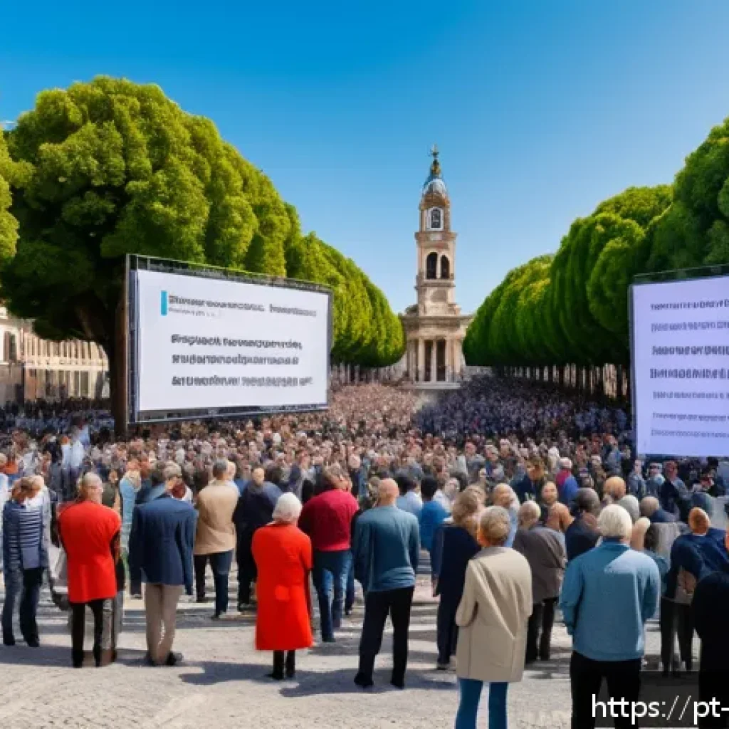 체코 출신 유명 정치인 - A vibrant European public square scene showing a diverse group of citizens engaged in an open-air po...