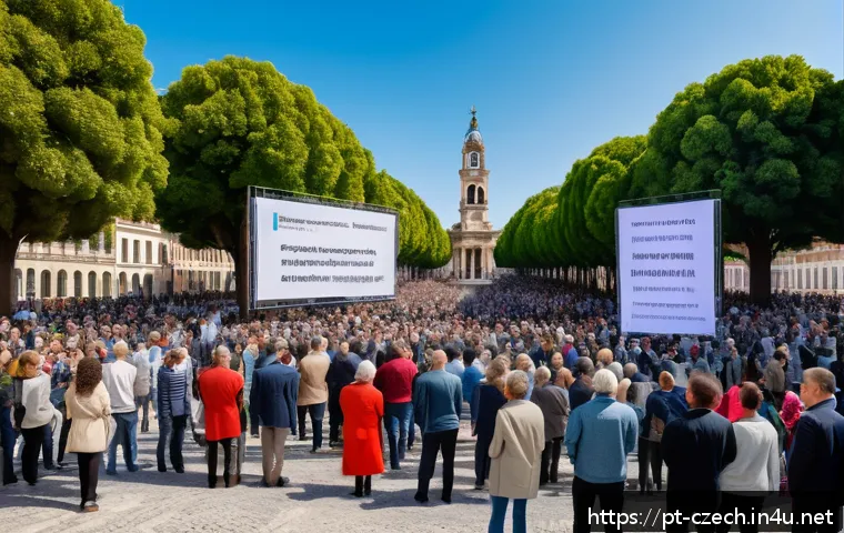 체코 출신 유명 정치인 - A vibrant European public square scene showing a diverse group of citizens engaged in an open-air po...