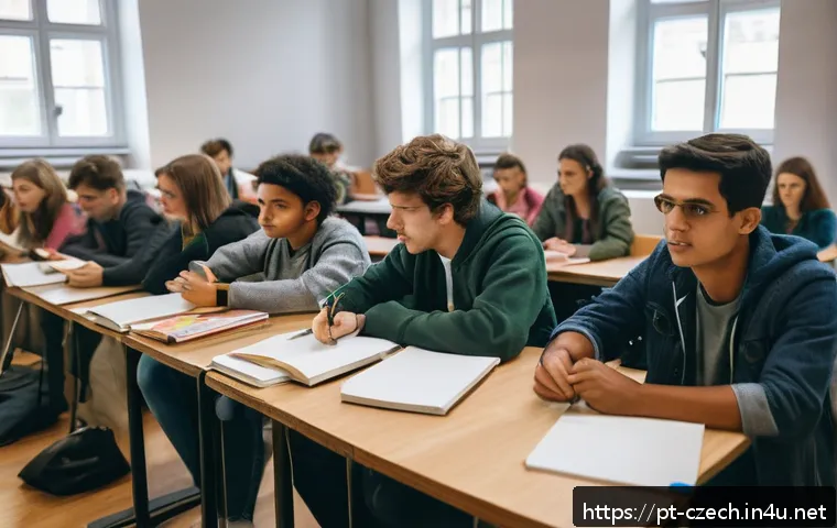 체코 유학생 생활 - A vibrant university classroom scene in the Czech Republic, showing a diverse group of international...