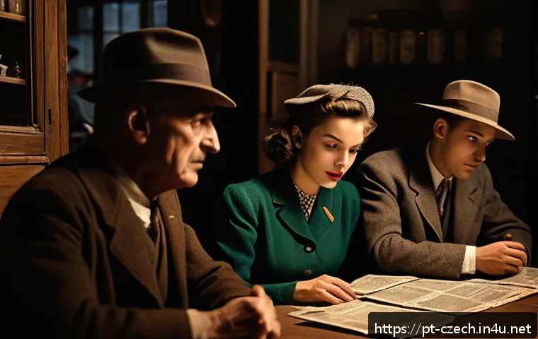 체코와 나치 점령 - A dimly lit 1940s European café scene showing a diverse group of resistance members in modest 1940s ...