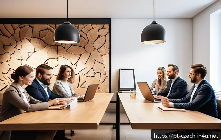 체코의 직장 문화 - A modern Czech office environment blending tradition and innovation, featuring a diverse team of pro...