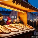 Home 18 트르들로의 기원 - A bustling European Christmas market scene at dusk, featuring a traditional Trdelník stand with arti...