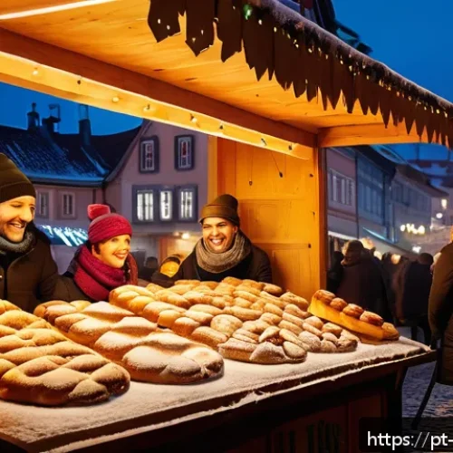 Home 30 트르들로의 기원 - A bustling European Christmas market scene at dusk, featuring a traditional Trdelník stand with arti...