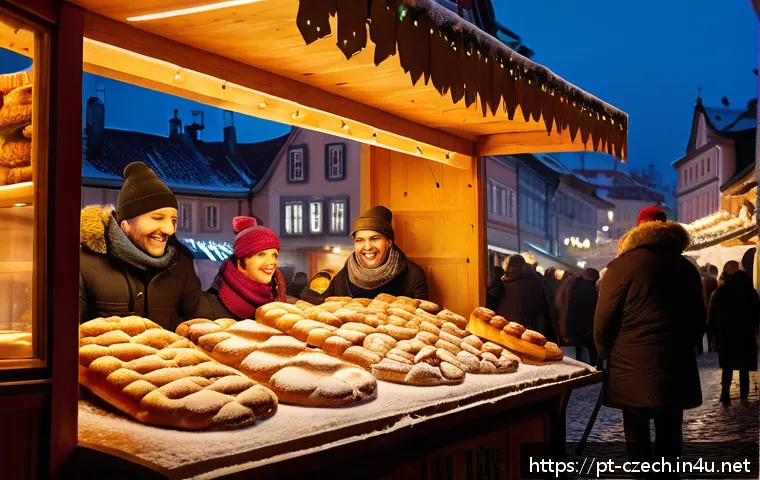 트르들로의 기원 - A bustling European Christmas market scene at dusk, featuring a traditional Trdeln&iacute;k stand with arti...