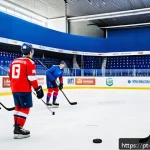 Home 23 체코와 아이스하키 - A vibrant ice hockey training session inside a modern Czech arena, featuring young athletes wearing ...