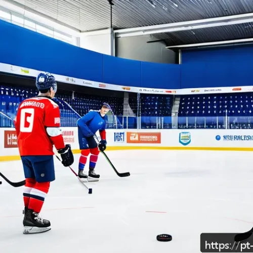 Home 17 체코와 아이스하키 - A vibrant ice hockey training session inside a modern Czech arena, featuring young athletes wearing ...