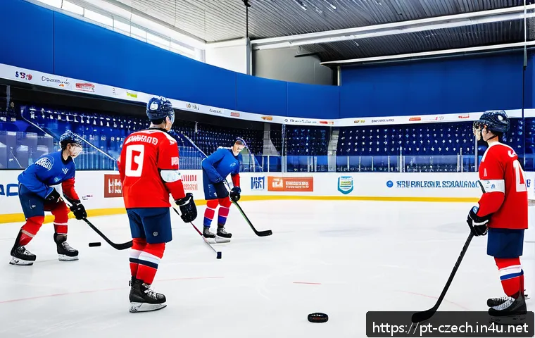 체코와 아이스하키 - A vibrant ice hockey training session inside a modern Czech arena, featuring young athletes wearing ...