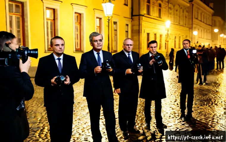 체코의 정치 스캔들 - Photorealistic investigative journalism scene in Prague, Czech Republic: a serious middle-aged polit...