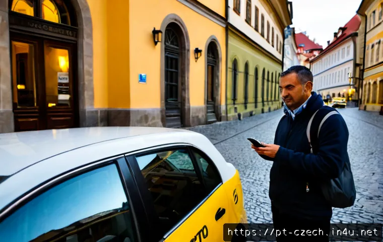 체코에서 택시 이용 주의사항 - Photorealistic Prague street scene at early evening, a cautious Portuguese-speaking tourist standing...